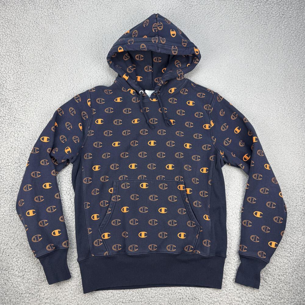 Champion Reverse Weave Hoodie Mens Medium Pullover Sweatshirt Navy Orange